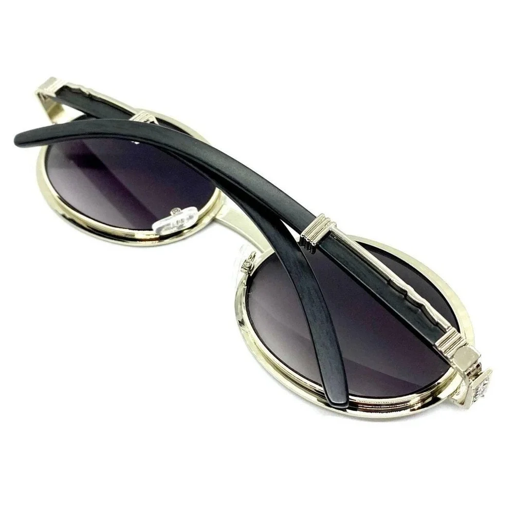 Rhinestone Sunglasses Silver Frame Black Lens Oval Frame Hiphop‎ Shades Men's